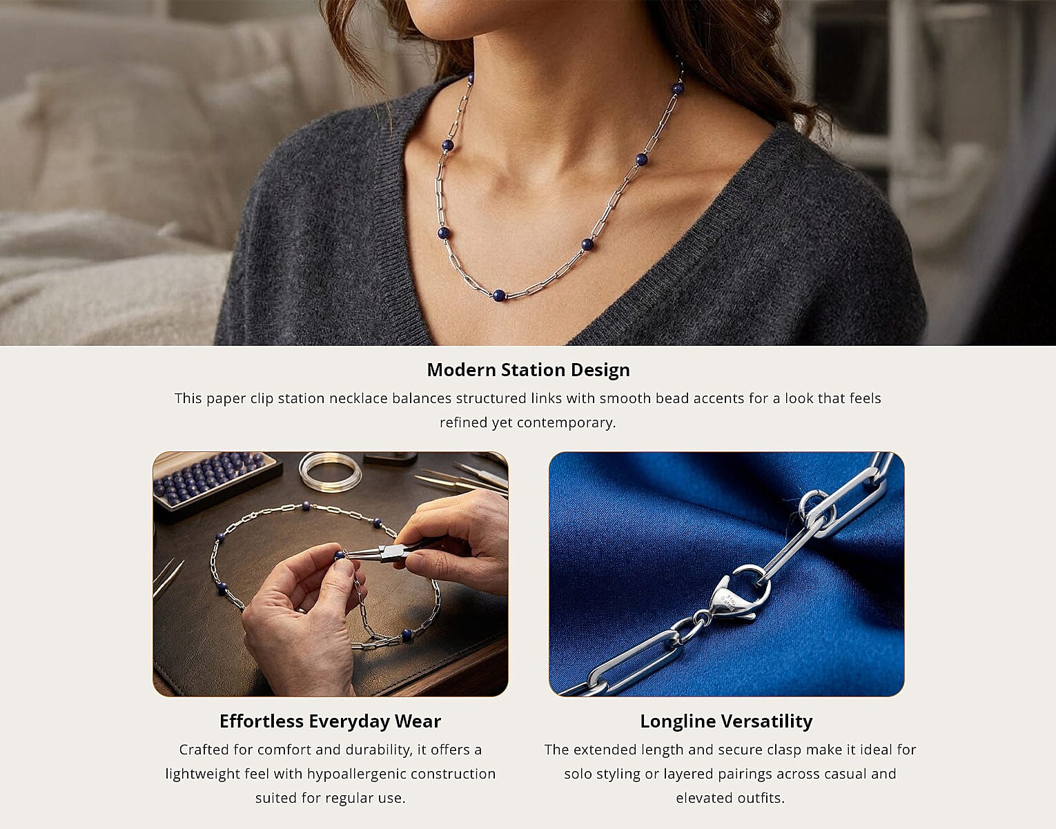 Lapis Lazuli 17.50 ctw 7-9mm Beaded Paper Clip Station Necklace in Stainless Steel 28 Inches, Tarnish-Free, Waterproof, Sweat Proof Jewelry Banner