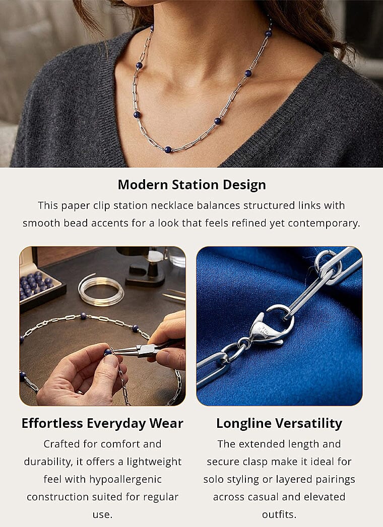 Lapis Lazuli 17.50 ctw 7-9mm Beaded Paper Clip Station Necklace in Stainless Steel 28 Inches, Tarnish-Free, Waterproof, Sweat Proof Jewelry Banner