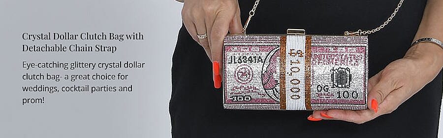 Crystal Dollar Clutch Bag with Detachable Chain Strap Banner