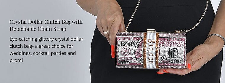 Crystal Dollar Clutch Bag with Detachable Chain Strap Banner