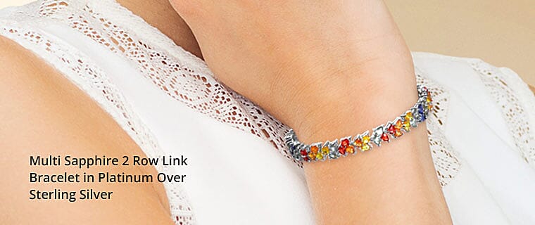 Multi Sapphire 2 Row Link Bracelet in Platinum Over Sterling Silver Banner