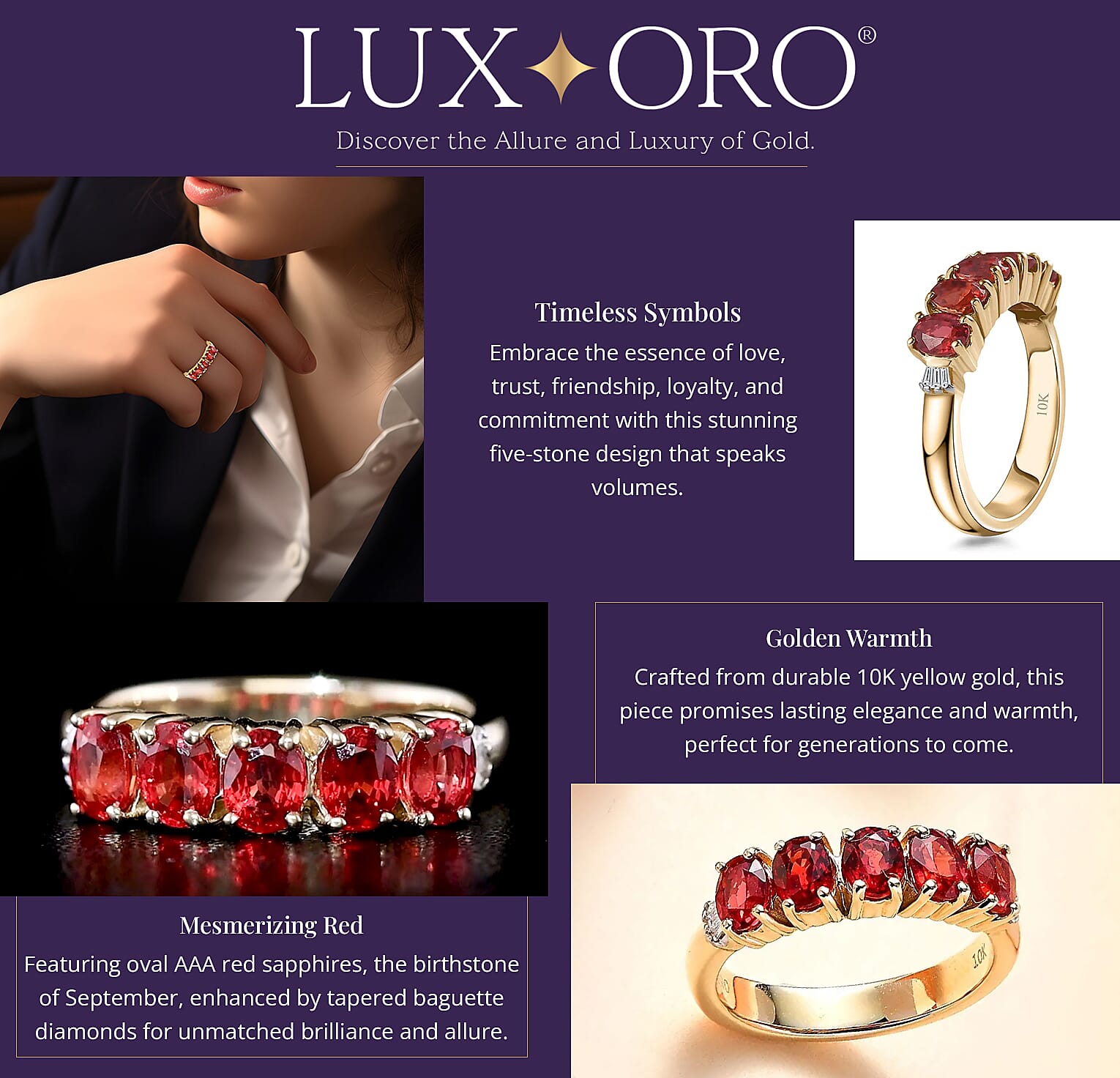 Luxoro AAA Red Sapphire and Diamond 1.75 ctw 5 Stone Ring in 10K Yellow Gold Banner