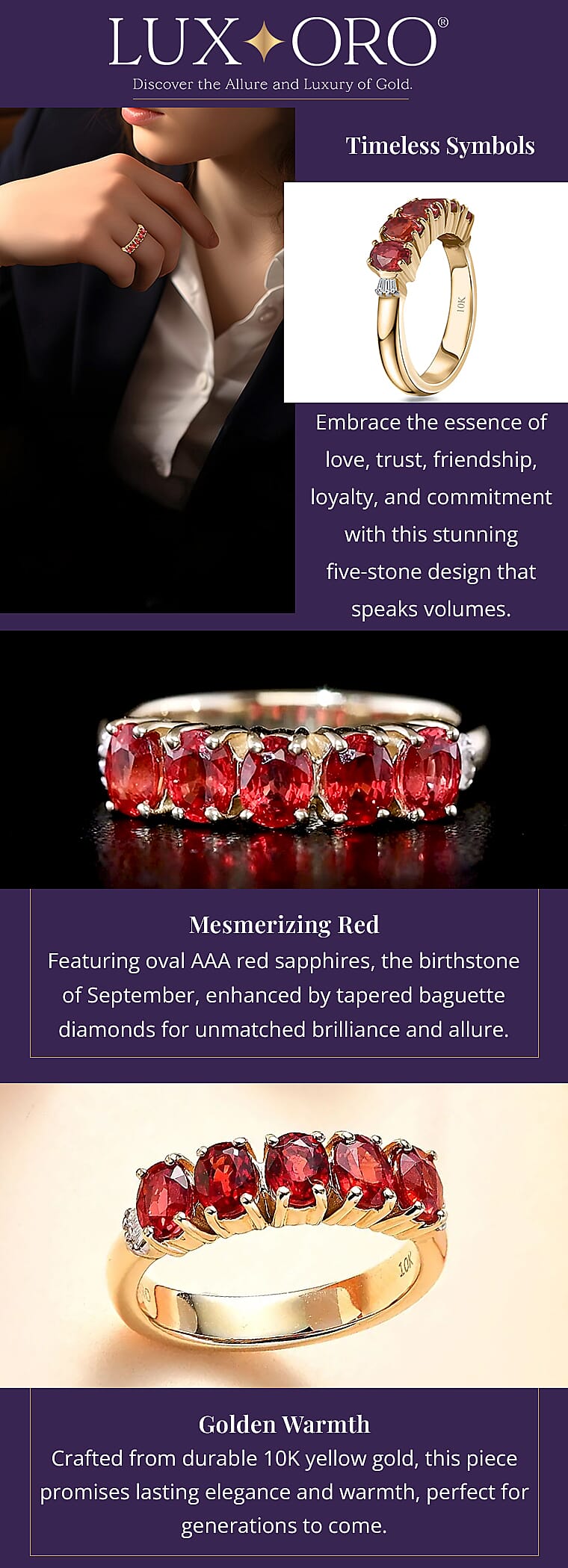 Luxoro AAA Red Sapphire and Diamond 1.75 ctw 5 Stone Ring in 10K Yellow GoldBanner