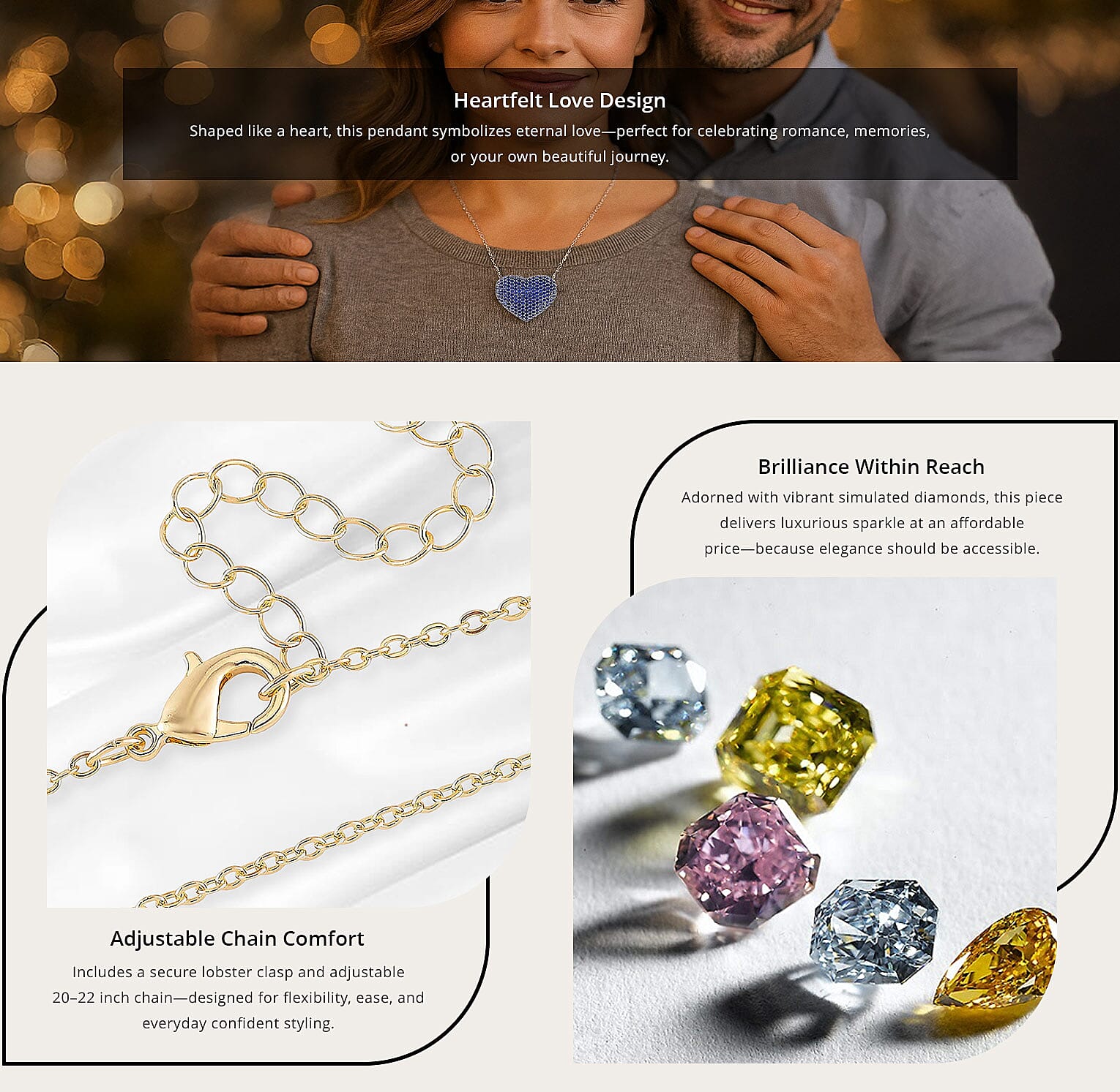 Simulated Champagne Diamond 3.00 ctw Heart Necklace 20-22 Inches in Goldtone Banner