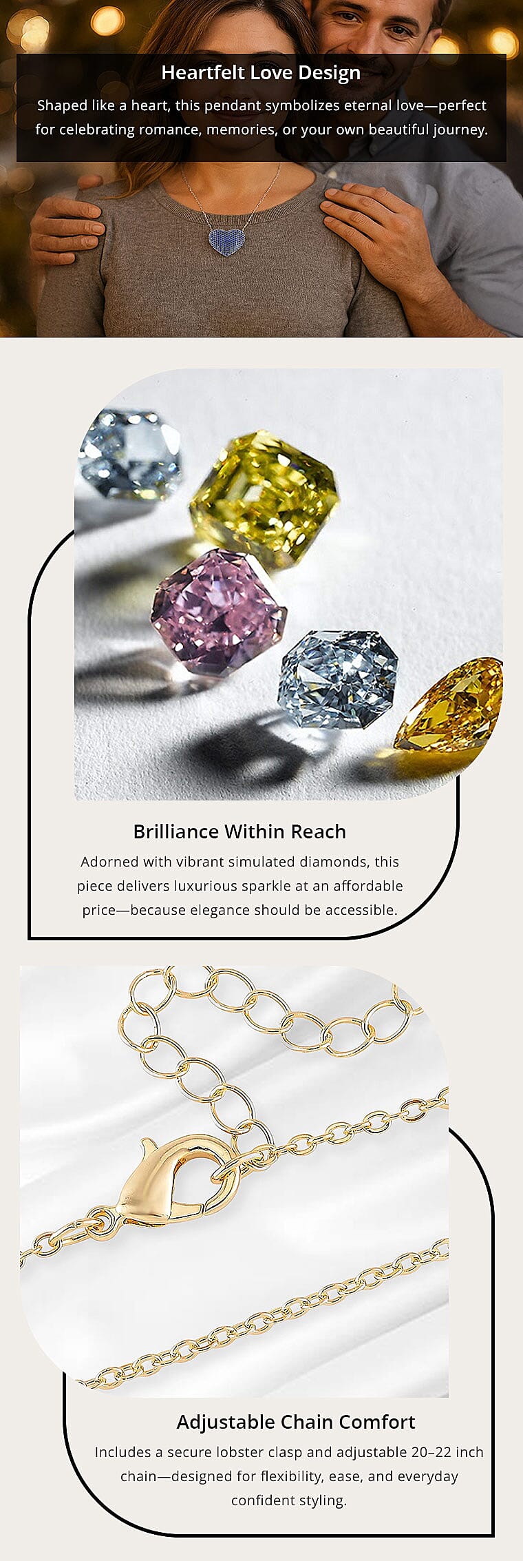 Simulated Champagne Diamond 3.00 ctw Heart Necklace 20-22 Inches in Goldtone Banner