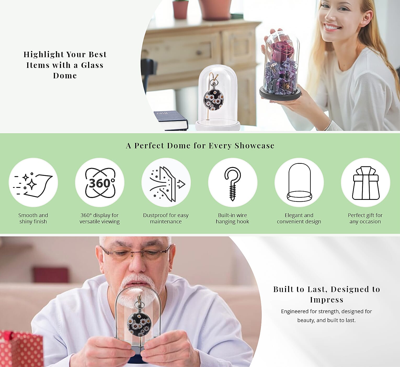 Blue Watch Display Case with Transparent Cover, Bell Jar Display Dome Banner