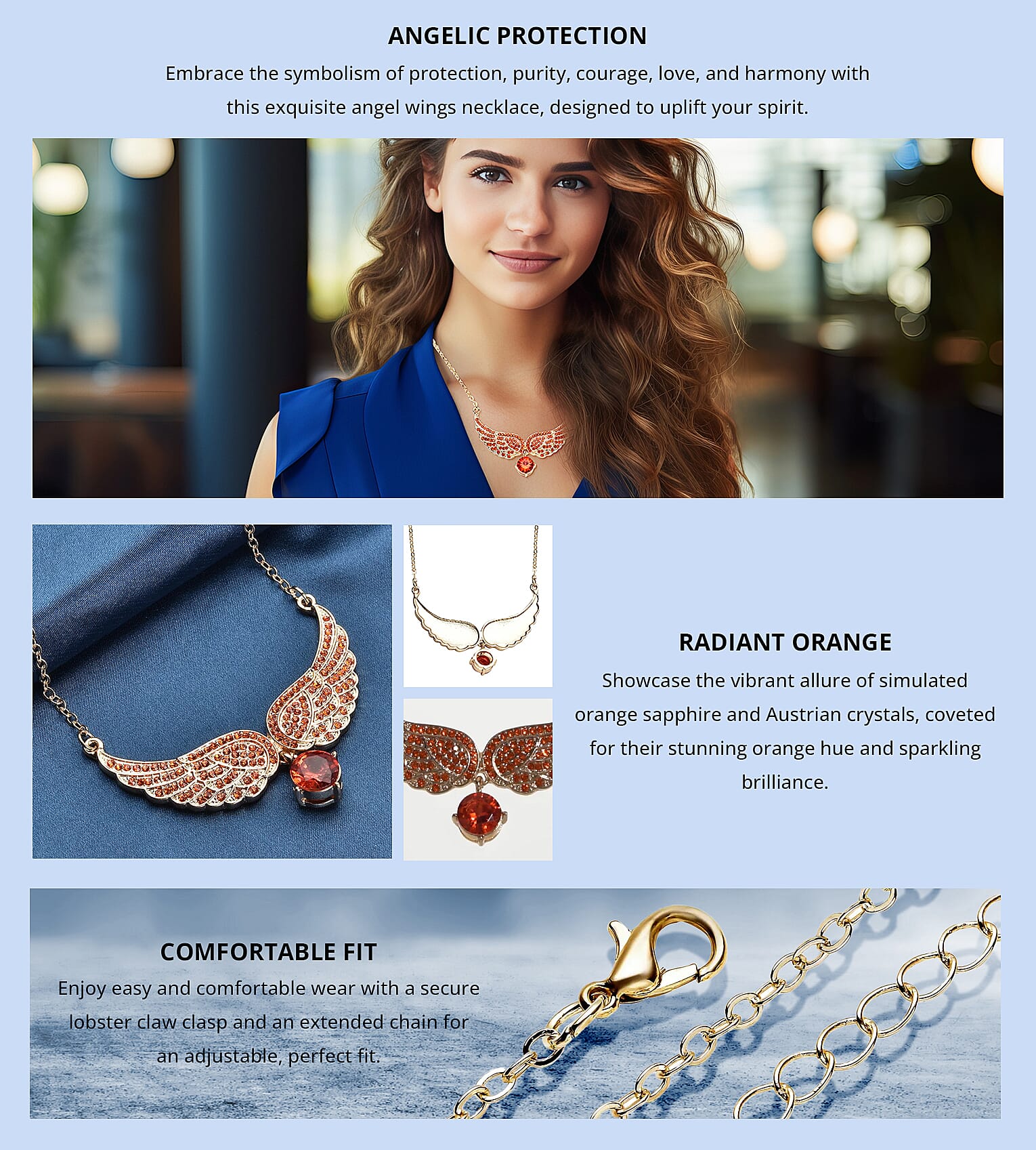 Simulated Orange Sapphire and Orange Color Austrian Crystal Angel Wings Necklace in Goldtone Banner