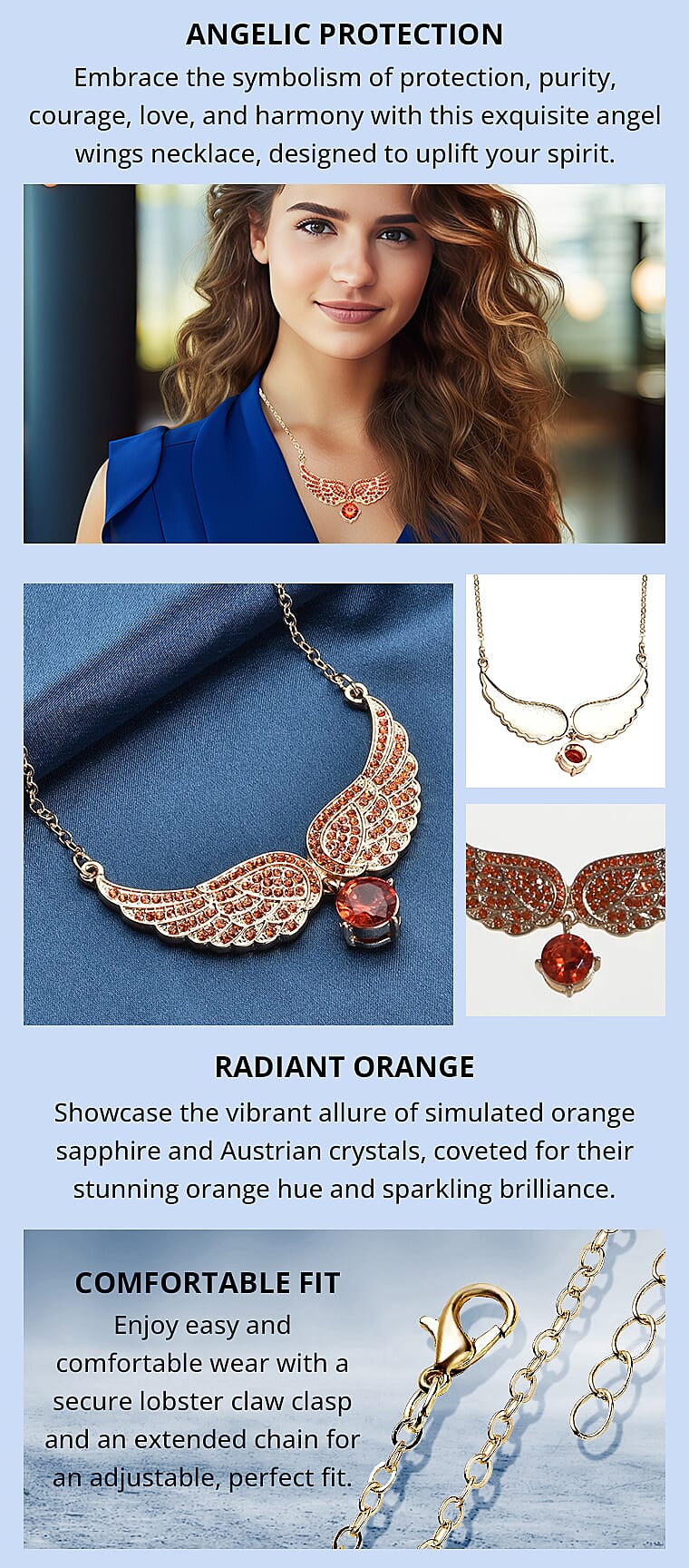 Simulated Orange Sapphire and Orange Color Austrian Crystal Angel Wings Necklace in GoldtoneBanner