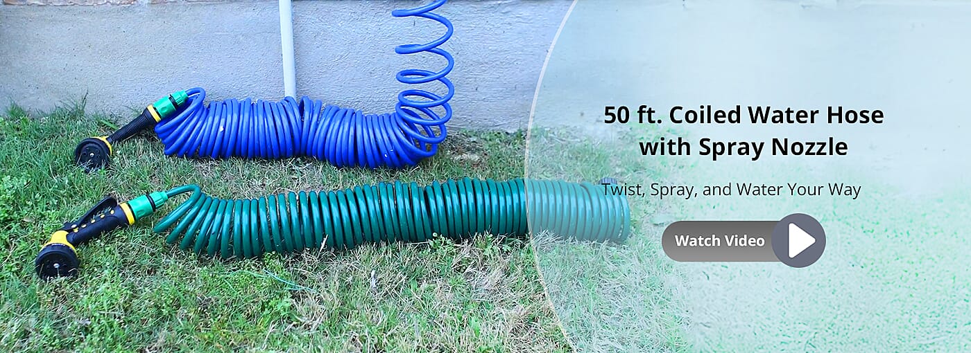50 ft. Coiled Water Hose with Spray Nozzle Banner