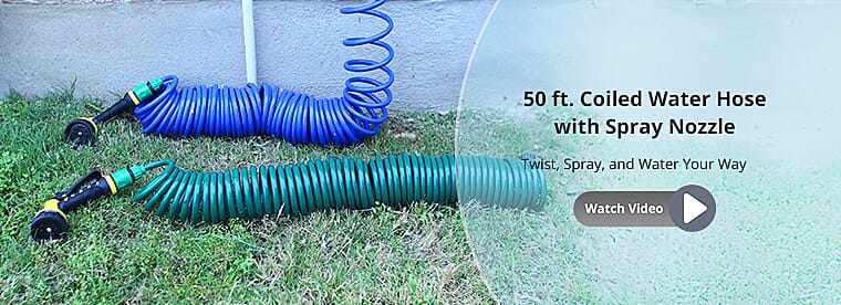 50 ft. Coiled Water Hose with Spray Nozzle Banner