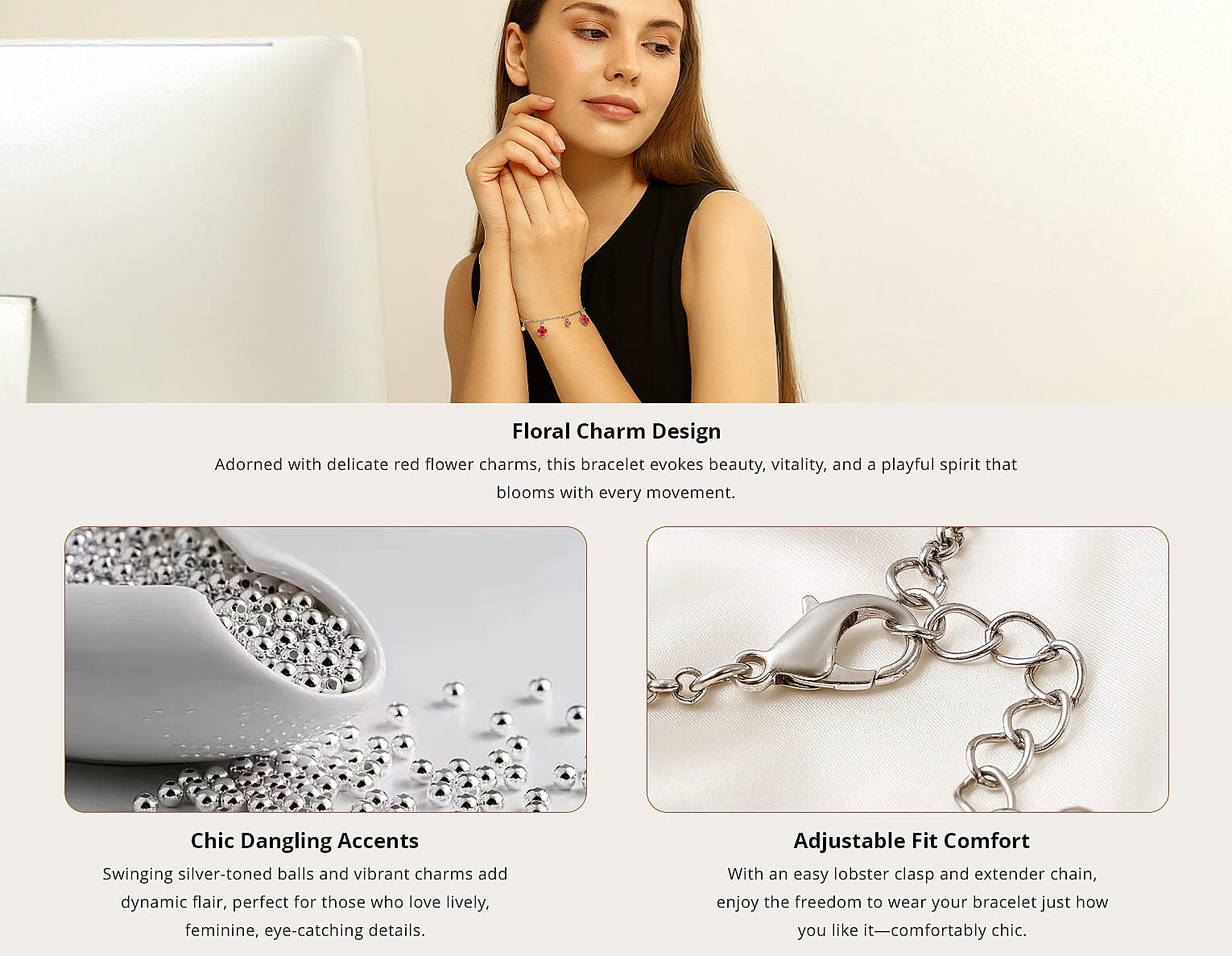 Black Austrian Crystal and Enameled Adjustable Poppy Charm Bracelet in Silvertone Banner