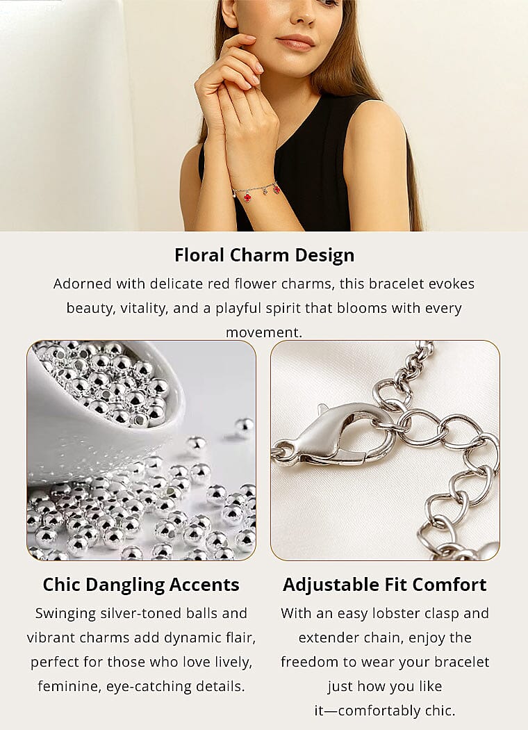 Black Austrian Crystal and Enameled Adjustable Poppy Charm Bracelet in Silvertone Banner