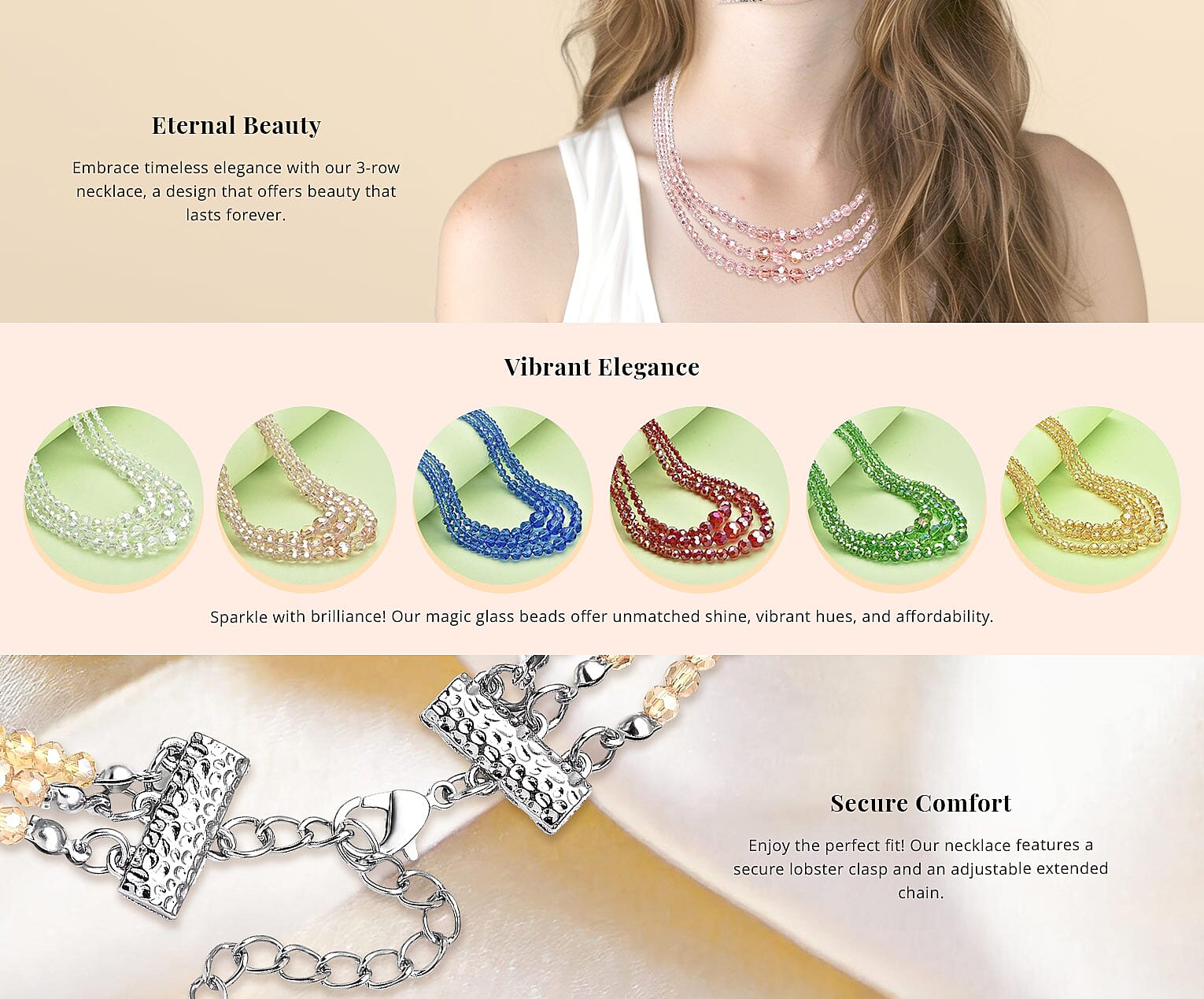 Pink Magic Glass Beaded 3 Row Necklace in Silvertone Banner