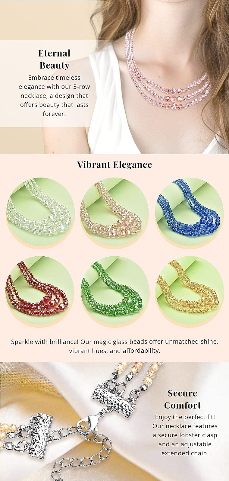 Pink Magic Glass Beaded 3 Row Necklace in Silvertone Banner