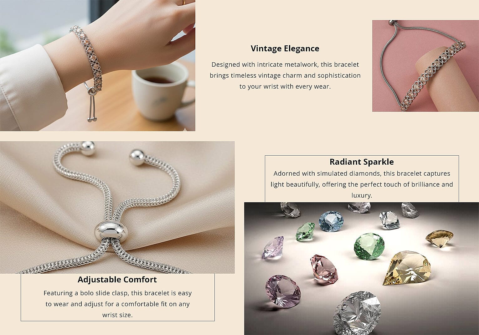 Karis Simulated Champagne Diamond Bolo Bracelet in Platinum Bond and Stainless Steel 4.85 ctw , Tarnish-Free, Waterproof, Sweat Proof Jewelry Banner