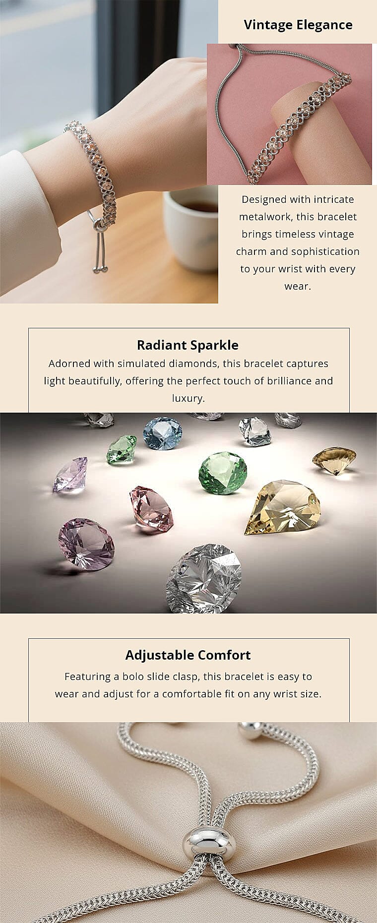 Karis Simulated Champagne Diamond Bolo Bracelet in Platinum Bond and Stainless Steel 4.85 ctw , Tarnish-Free, Waterproof, Sweat Proof Jewelry Banner