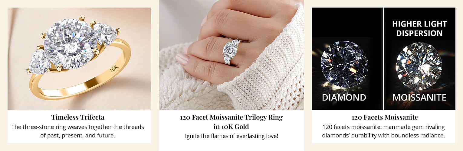 120 Facet Moissanite Trilogy Ring in 10K Gold Banner