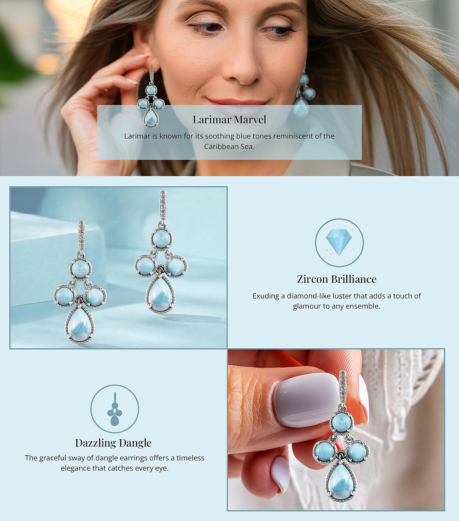 Larimar and White Zircon Dangle Earrings in Platinum Over Sterling Silver Banner
