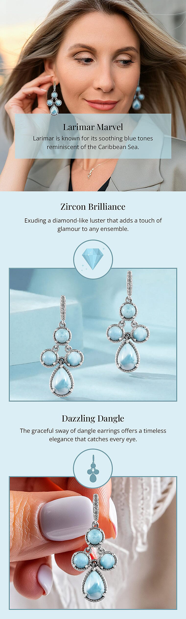 Larimar and White Zircon Dangle Earrings in Platinum Over Sterling Silver Banner