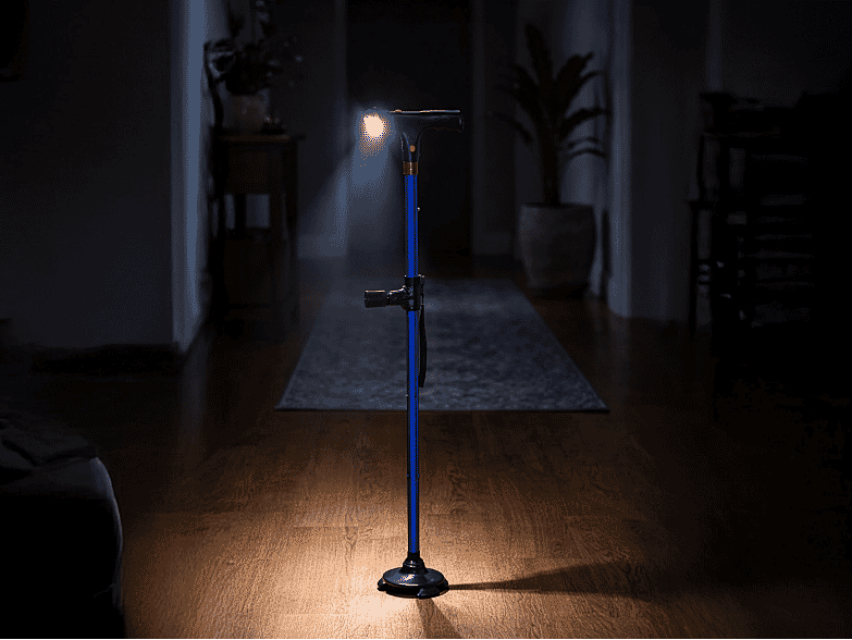 Built-in LED cane glowing in a dark hallway