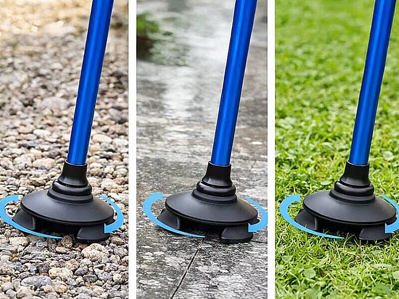 Cane base on gravel, wet tile and grass