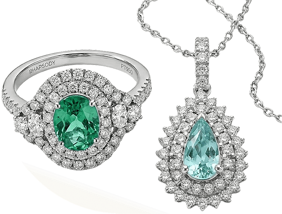 Luxuriant emerald-cut gemstone ring with diamond halo setting in platinum