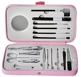 Grooming and Cosmetic Makeup Kit in Pink Faux Leather Snap Case