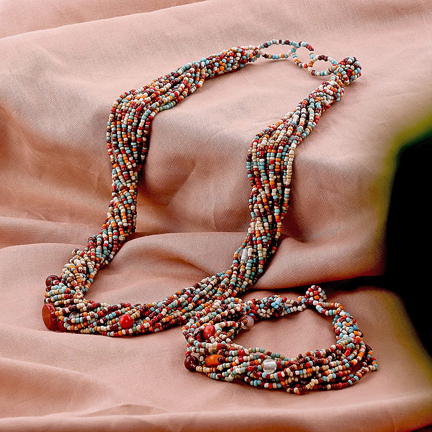 Multi Color Glass Seed Bead Necklace (Approx 26 Inches) and Bracelet (7.5Inches)