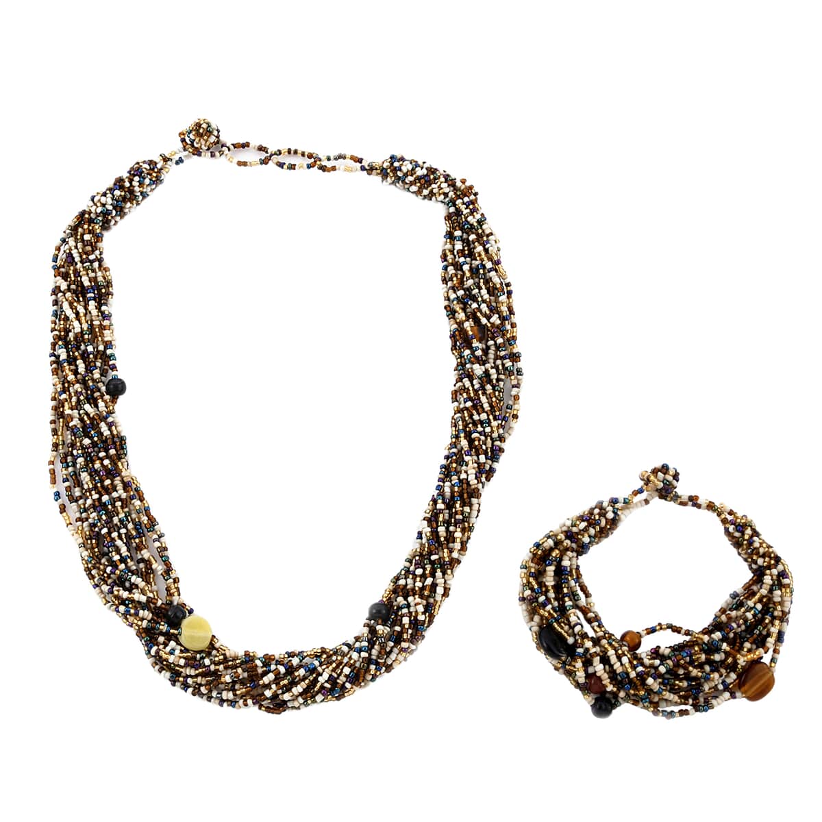 Champagne and Ivory Glass Seed Bead Necklace (Approx 26 Inches) and Bracelet (7.5Inches) image number 0