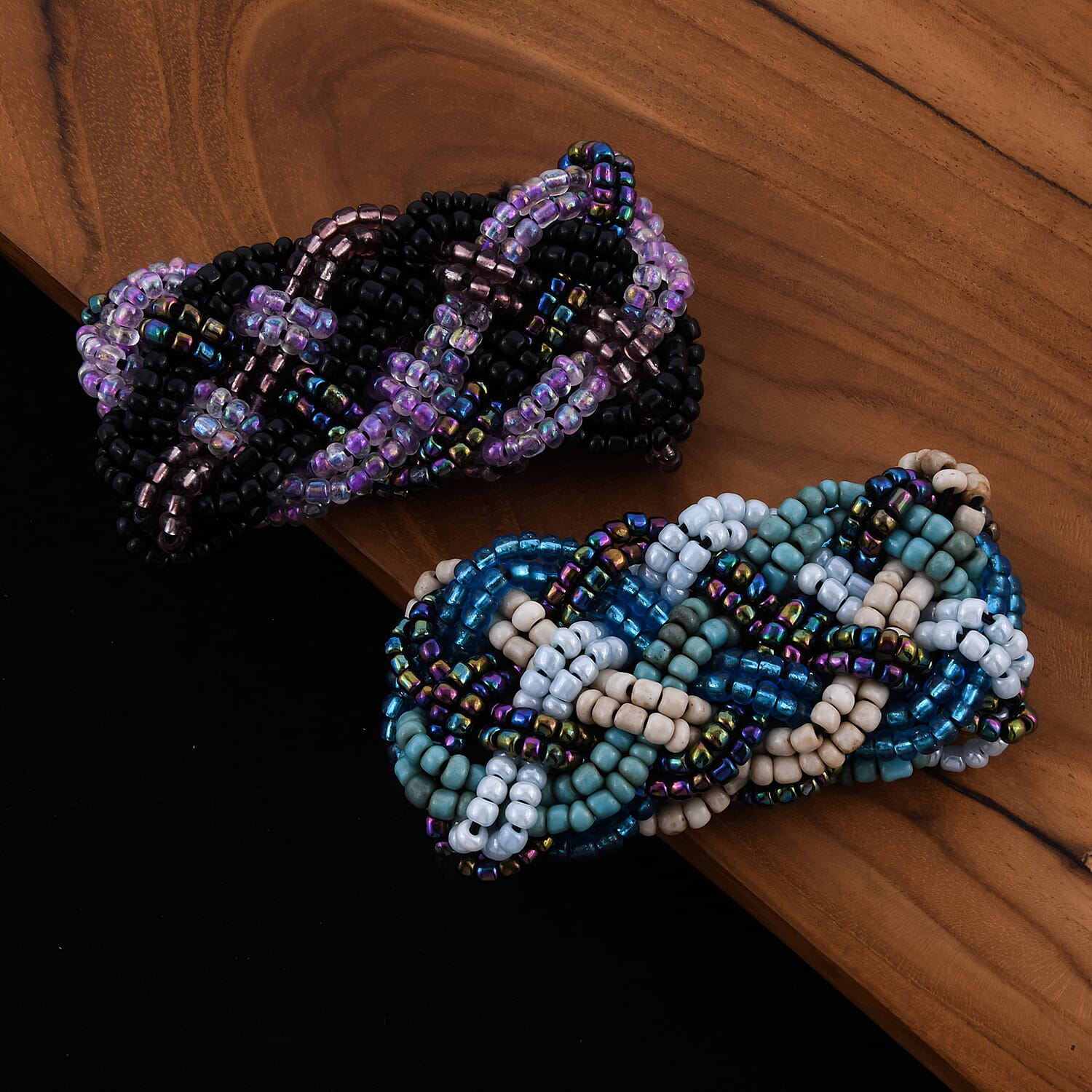 Purple and Blue Seed Bead Set of 2 Stretch Bracelets