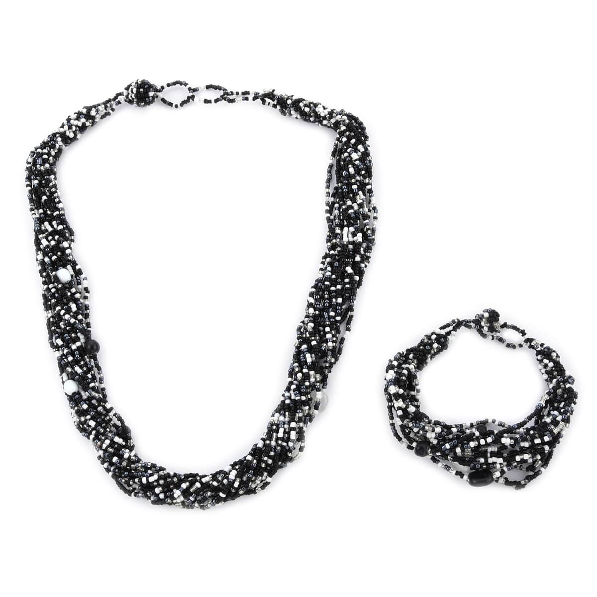 Black and White Glass Seed Bead Necklace (Approx 26 Inches) and Bracelet (7.5Inches) image number 0