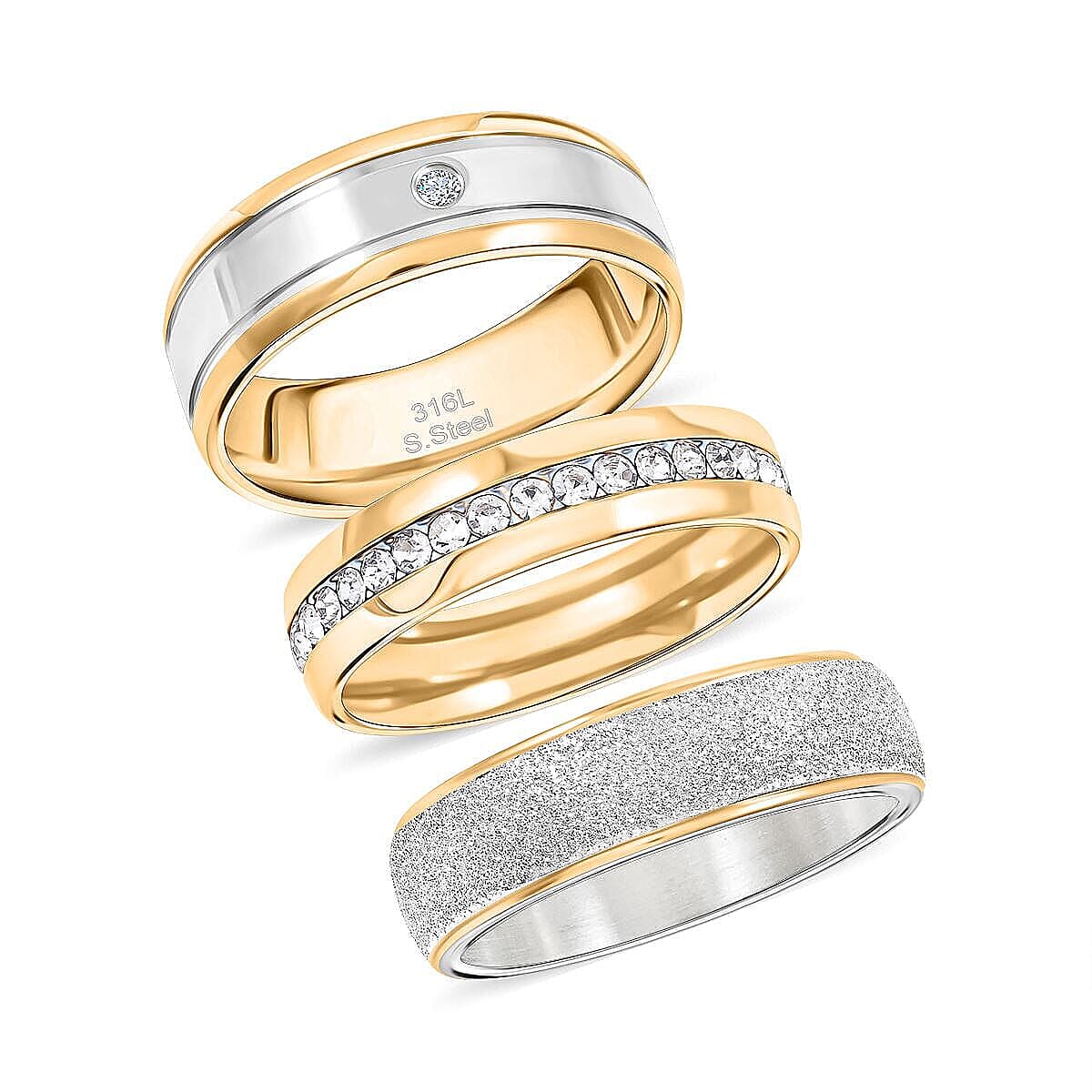Simulated Diamond Set of 3 Band Rings in ION Plated YG and Stainless Steel (Size 5) 0.50 ctw