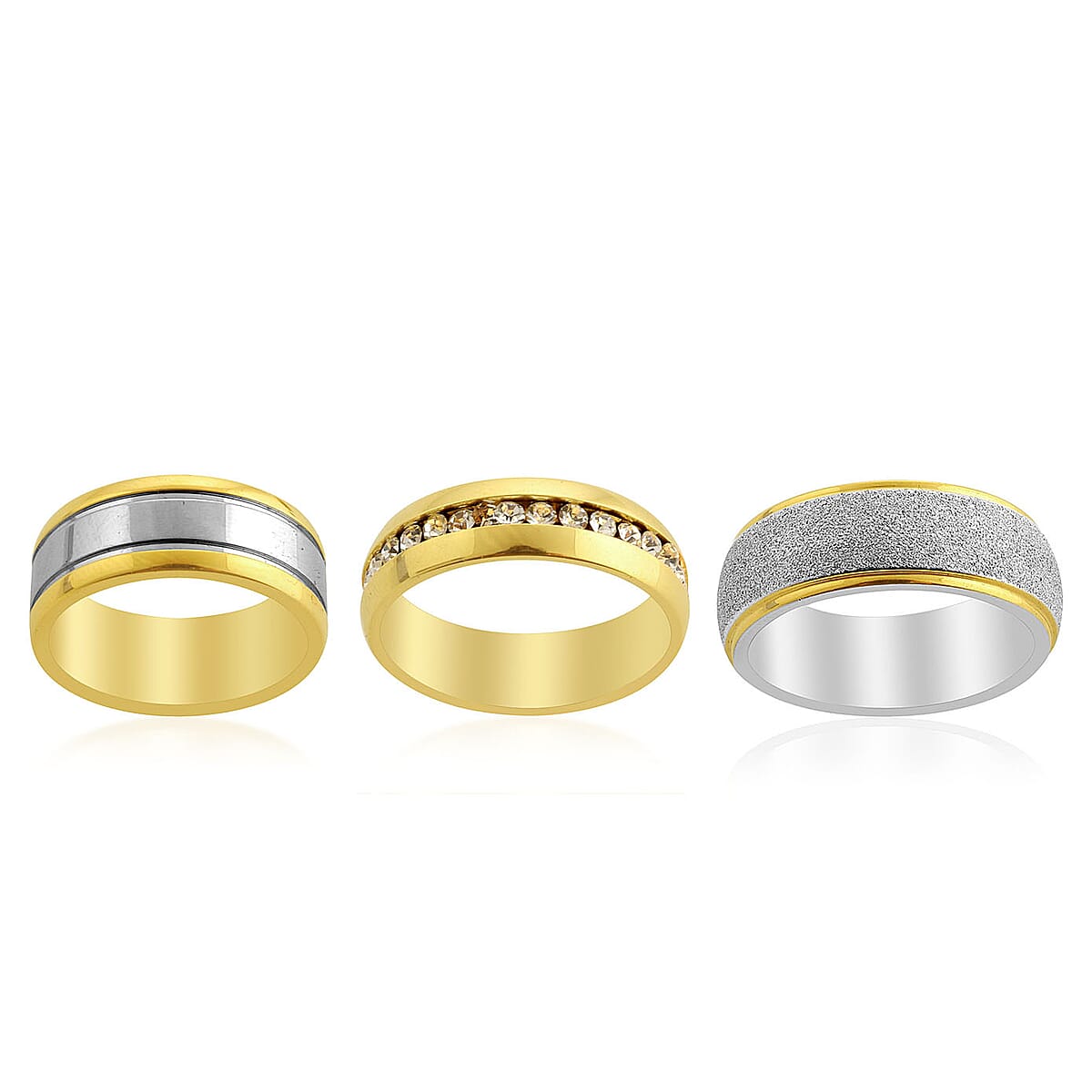 Simulated Diamond Set of 3 Band Rings in ION Plated YG and Stainless Steel 0.50 ctw image number 0