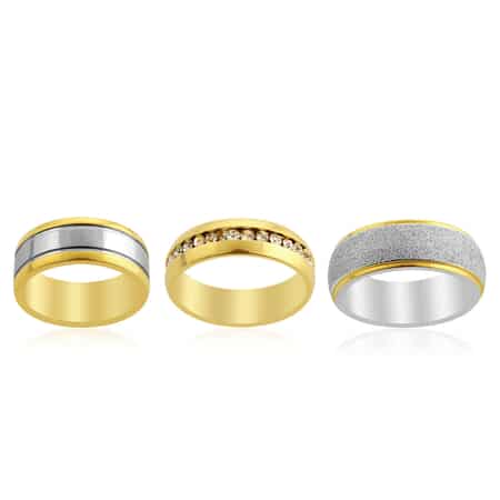 Simulated Diamond Set of 3 Band Rings in ION Plated YG and Stainless Steel 0.50 ctw image number 0