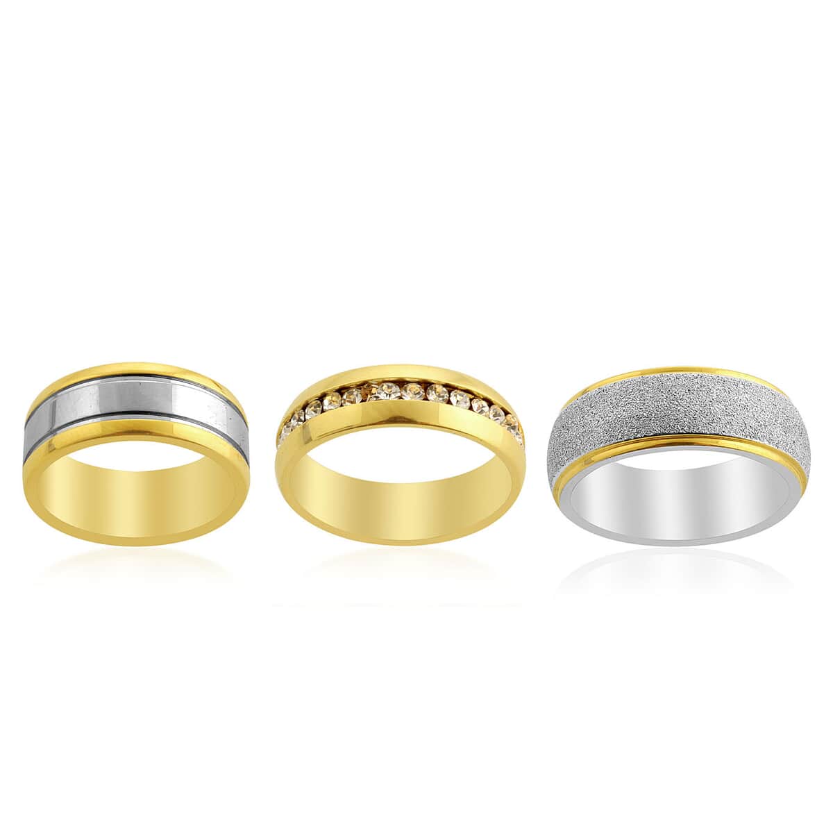 Simulated Diamond Set of 3 Band Rings in ION Plated YG and Stainless Steel (Size 9) 0.50 ctw image number 0