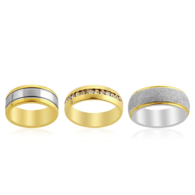 Simulated Diamond Set of 3 Band Rings in ION Plated YG and Stainless Steel (Size 9) 0.50 ctw