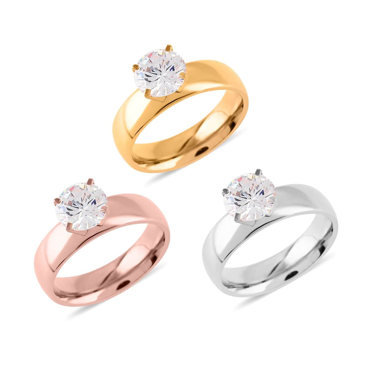 Simulated Diamond (Rnd) Set of 3 Rings in ION Plated YRG and Stainless Steel (Size 9) 12.00 ctw image number 0