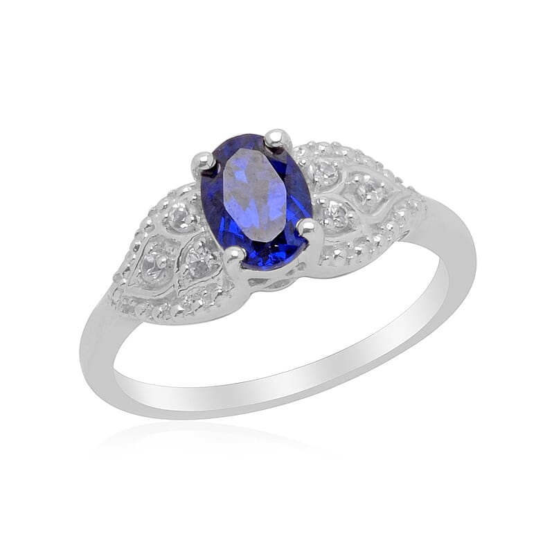 Lab Created Blue Sapphire and Lab Created White Sapphire Ring in Sterling Silver (Size 7)