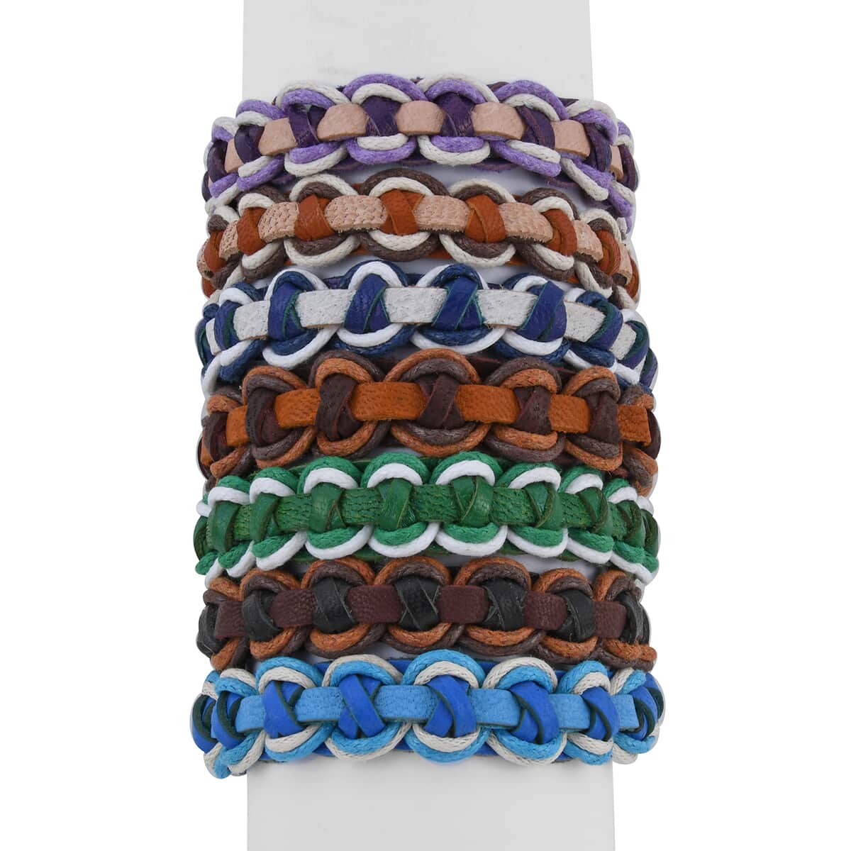 Green, Blue, Purple and Brown Leather Set of 7 Bracelets (Adjustable) image number 0