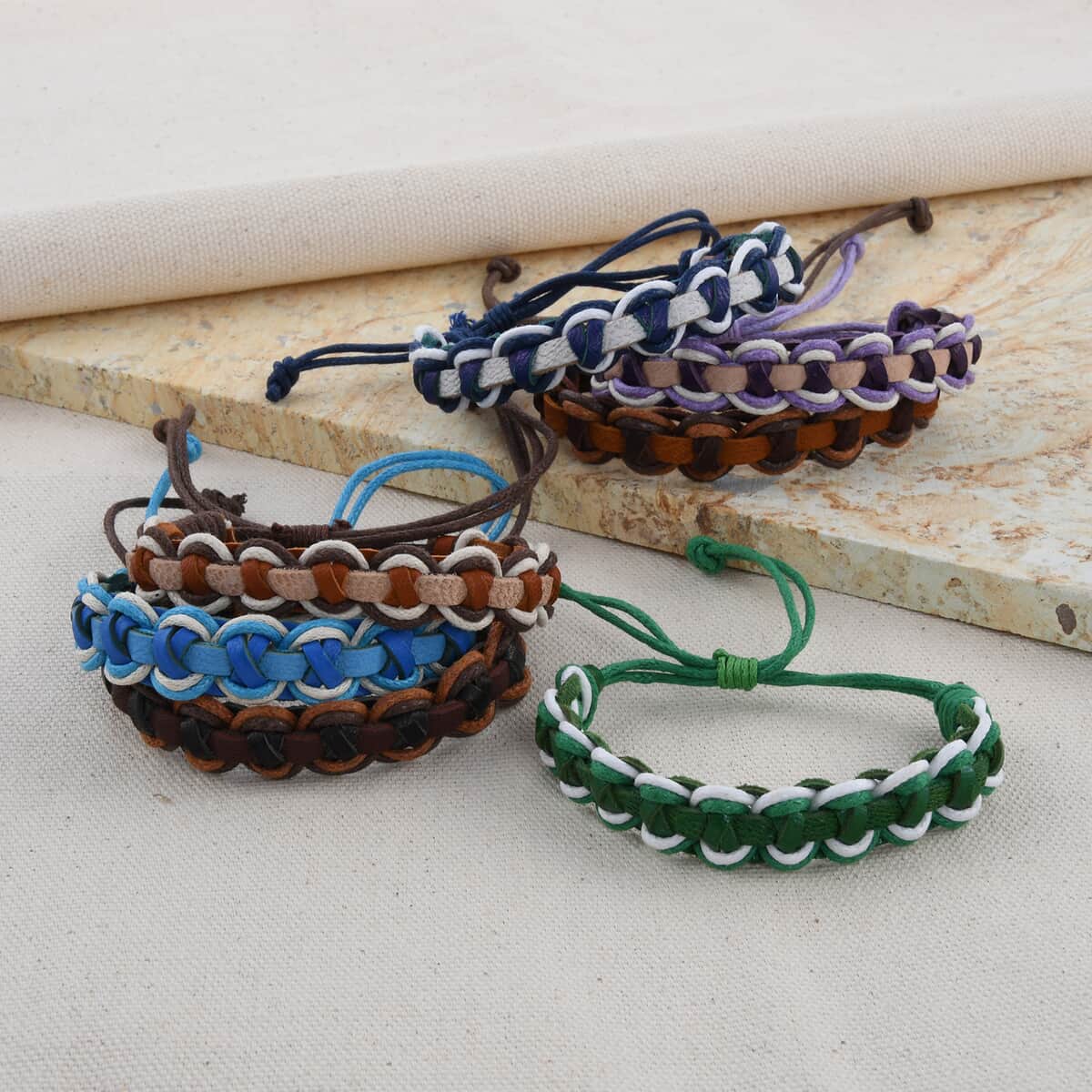 Green, Blue, Purple and Brown Leather Set of 7 Bracelets (Adjustable) image number 1