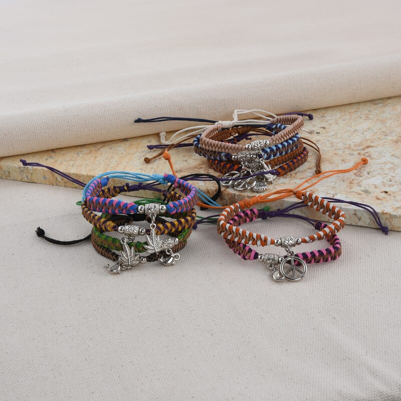 Set of 10 Multi Color Leather Friendship Bracelets with Charms (Adjustable)