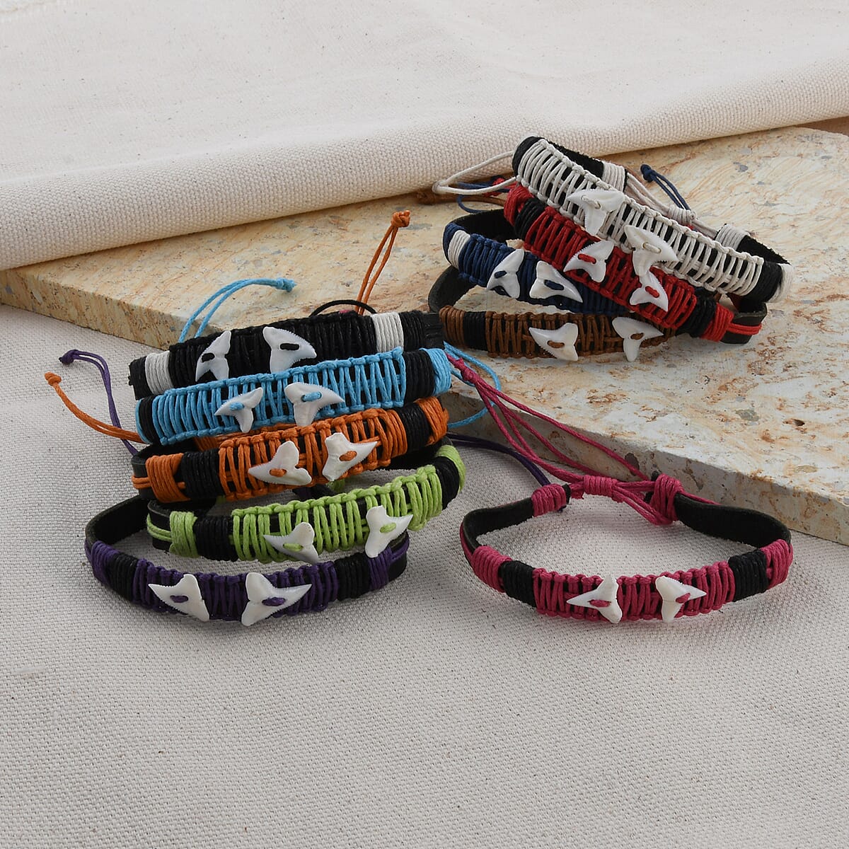 Shark Teeth, Multi Color Leather Friendship Set of 10 Bracelets (Adjustable) image number 1
