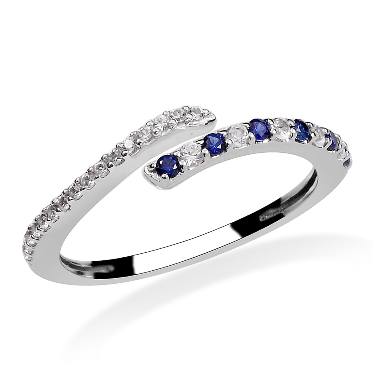 Lab Created Blue and White Sapphire Bypass Ring in Sterling Silver (Size 7.0)