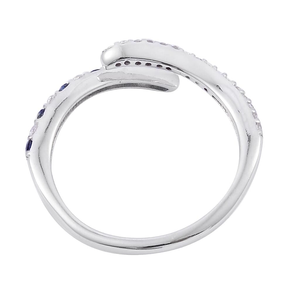 Lab Created Blue and White Sapphire Bypass Ring in Sterling Silver (Size 7.0)