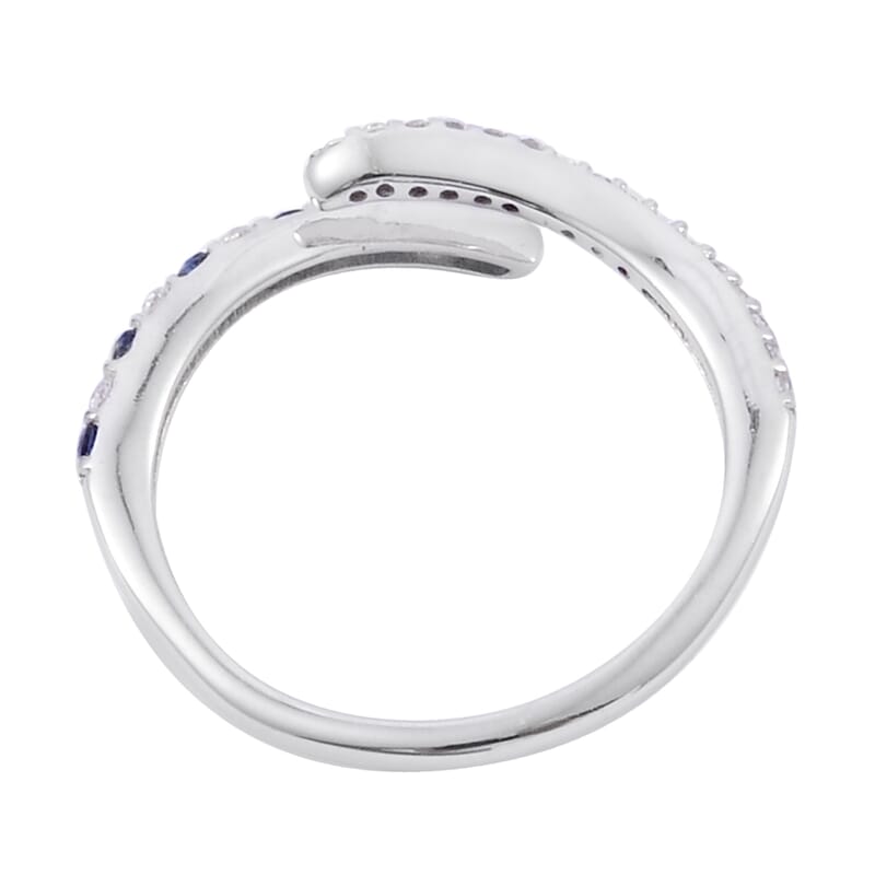 Lab Created Blue and White Sapphire Bypass Ring in Sterling Silver (Size 7.0)