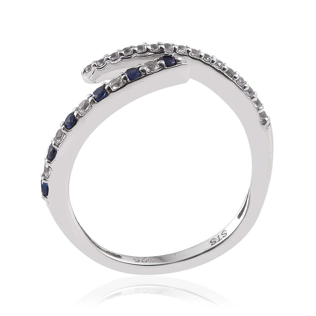 Lab Created Blue and White Sapphire Bypass Ring in Sterling Silver (Size 7.0)