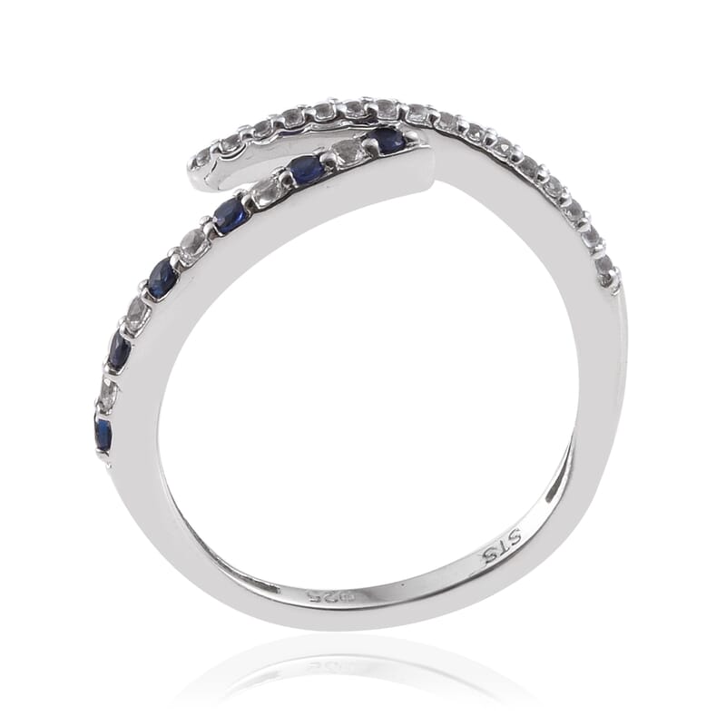 Lab Created Blue and White Sapphire Bypass Ring in Sterling Silver (Size 7.0)