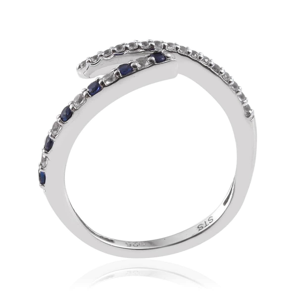Lab Created Blue and White Sapphire Bypass Ring in Sterling Silver (Size 7.0) image number 3