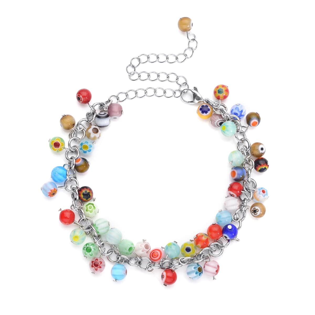Multi Color Murano Style Millefiori Anklet 9-11 Inches in Stainless Steel image number 0