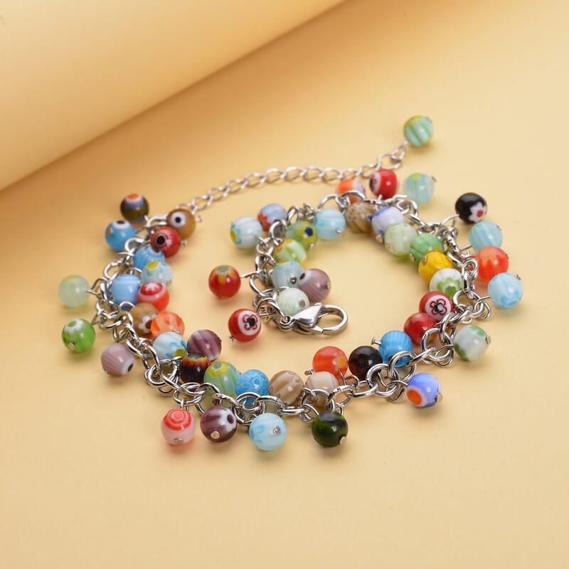 Multi Color Murano Style Millefiori Anklet 9-11 Inches in Stainless Steel